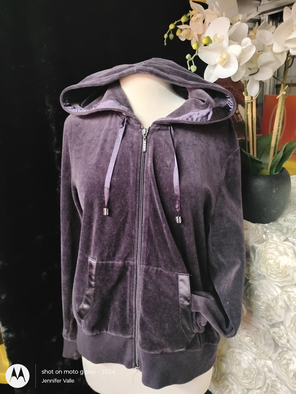 Calvin Klein Velvet Zip Hoodie in Plum